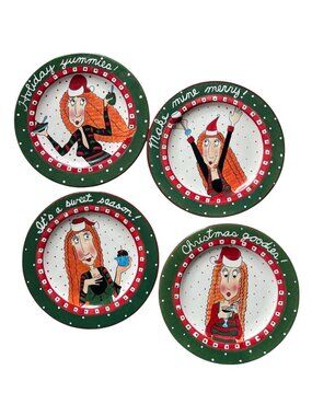 Set of 4 Vintage MEEVA Christmas Dessert Plates 7.5" Whimsical Festive